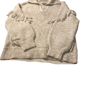 Democracy Heather Gray V-Neck Sweater with Fringe